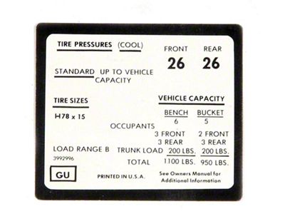 Full Size Chevy Tire Pressure Decal, 1972