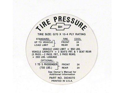Full Size Chevy Tire Pressure Decal, G70 x 15, 427ci SS, 1968