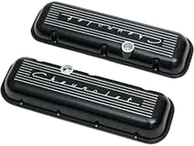 Full Size Chevy Valve Covers, Black Powder Coated Aluminum,With Chevrolet Scripts, Big Block, 1965-1972