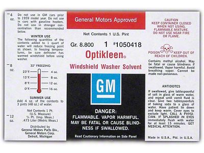 Full Size Chevy Washer Jar Label, Optikleen, 1961-1967