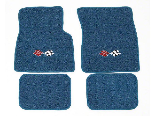 Full Size Chevy Floor Mats, Blue Carpet, With Embroidered Bowtie, Crossed-Flags, Impala/Crossed-Flags, or SS Logo, 1958