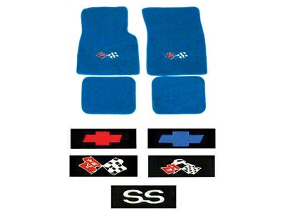 Full Size Chevy Floor Mats, Blue Carpet, With Embroidered Bowtie, Crossed-Flags, Impala/Crossed-Flags Or SS Logo, 1965-1970