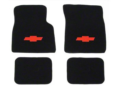 Full Size Chevy Floor Mats, Black Carpet, With Embroidered Bowtie, Crossed-Flags, Impala/Crossed-Flags Or SS Logo, 1961-1964