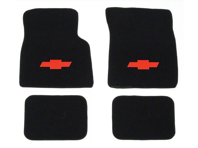 Full Size Chevy Floor Mats, Black Carpet, With Embroidered Bowtie, Crossed-Flags, Impala/Crossed-Flags Or SS Logo, 1971-1976