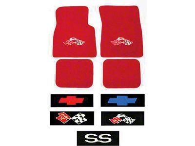 Full Size Chevy Floor Mats, Red Carpet, With Embroidered Bowtie, Crossed-Flags, Impala/Crossed-Flags Or SS Logo, 1961-1964