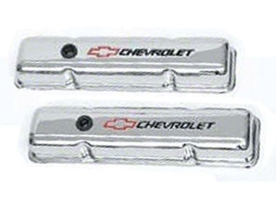 Full Size Chevy Valve Covers, Small Block, With Baffle, Short Design, Chrome, With Chevrolet Script & Bowtie Logo, 1958-1972