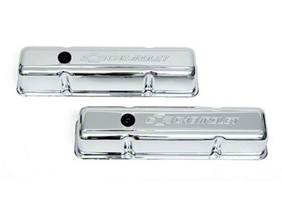 Full Size Chevy Valve Covers, Small Block, With Baffle, Tall Design, Chrome, With Chevrolet Script & Bowtie Logo, 1958-1972