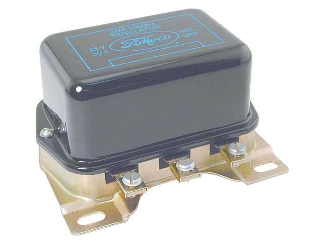 Generator Voltage Regulator - Engineering Number C2AF-10505-A - Black Body With Blue Lettering FoMoCo Logo - 6 CylinderWith 45-55 Amp Generator Or A/