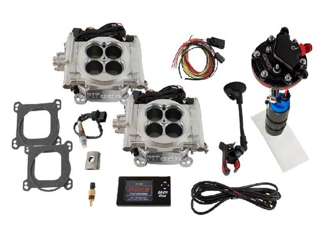 FiTech Fuel Injection Go EFI 2x4 625HP Self Tuning Fuel Injection System with Go Fuel 340 LPH In-Tank Master Kit; Bright Aluminum (Universal; Some Adaptation May Be Required)