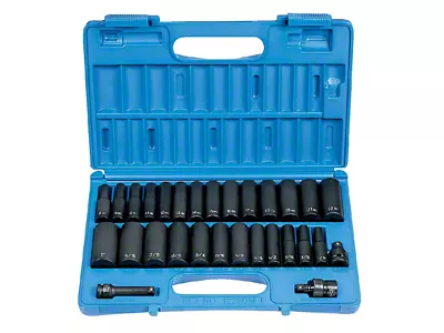 Grey Pnuematic 3/8-Inch Drive Deep Length Impact Metric/SAE Impact Socket Set; 6-Point; 29-Piece
