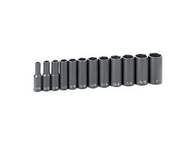 Grey Pnuematic 3/8-Inch Drive Deep Length SAE Impact Socket Set; 6-Point; 12-Piece
