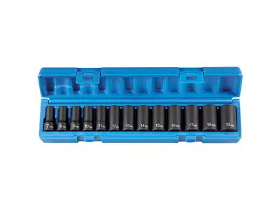 Grey Pnuematic 3/8-Inch Drive Semi-Deep Length 12-Point Metric Impact Socket Set; 12-Piece
