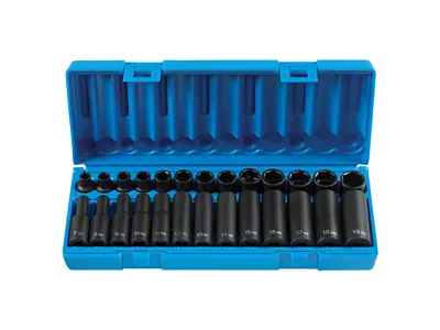 Grey Pnuematic 3/8-Inch Drive Standard and Deep Metric Length Impact Socket Set; 6-Point; 26-Piece