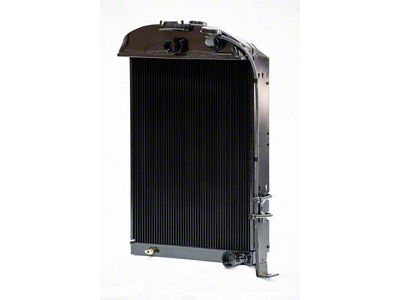Johnson's Radiator Works Stock Height Radiator without Dummy Neck or Transmission Cooler; Center 1.50-Inch Inlet / Bottom Right 1.75-Inch Outlet (33-34 Ford Car, Ford Truck w/ Small or Big Block Chevy Engine & Air Conditioning)