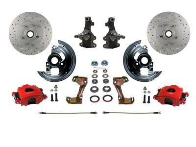 LEED Brakes Front Spindle Mount Disc Brake Conversion Kit with 2-Inch Drop Spindles and MaxGrip XDS Rotors; Red Calipers (67-69 Camaro)