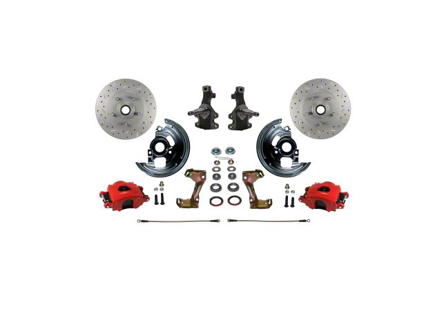 LEED Brakes Front Spindle Mount Disc Brake Conversion Kit with 2-Inch Drop Spindles and MaxGrip XDS Rotors; Red Calipers (67-69 Camaro)