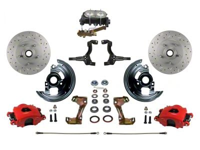 LEED Brakes Manual Front Disc Brake Conversion Kit with MaxGrip XDS Rotors and Side Mount Valve; Red Calipers (67-69 Camaro w/ Front Disc & Rear Drum Brakes)