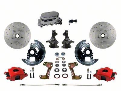 LEED Brakes Manual Front Disc Brake Conversion Kit with Chrome Master Cylinder, Adjustable Valve, 2-Inch Drop Spindles and MaxGrip XDS Rotors; Red Calipers (67-69 Camaro)