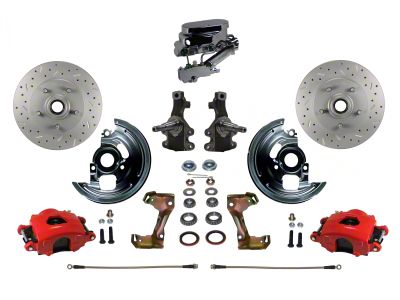 LEED Brakes Manual Front Disc Brake Conversion Kit with Chrome Master Cylinder, Side Mount Valve, 2-Inch Drop Spindles and MaxGrip XDS Rotors; Red Calipers (67-69 Camaro w/ Front Disc & Rear Drum Brakes)