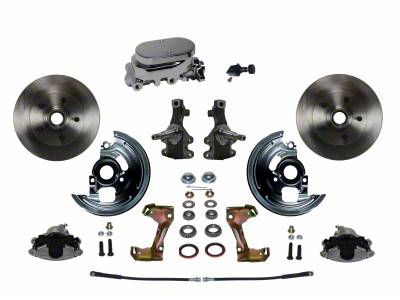 LEED Brakes Manual Front Disc Brake Conversion Kit with Chrome Master Cylinder, Adjustable Valve, 2-Inch Drop Spindles and Vented Rotors; Black Calipers (67-69 Camaro)