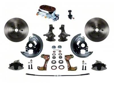 LEED Brakes Manual Front Disc Brake Conversion Kit with Chrome Top Master Cylinder, Adjustable Valve, 2-Inch Drop Spindles and Vented Rotors; Zinc Plated Calipers (67-69 Camaro)