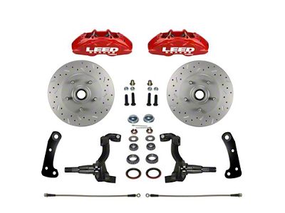 LEED Brakes MaxGrip Lite 4-Piston Front Disc Brake Conversion Kit with MaxGrip XDS Rotors and Spindles; Stock Ride Height; Red Calipers (67-69 Camaro)