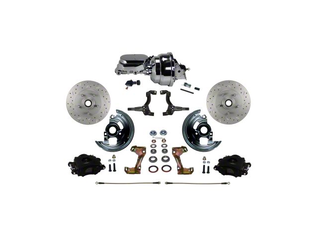 LEED Brakes Power Front Disc Brake Conversion Kit with 8-Inch Brake Booster, Adjustable Valve and MaxGrip XDS Rotors; Black Calipers (67-69 Camaro)