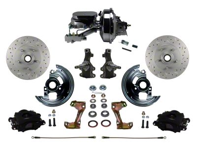 LEED Brakes Power Front Disc Brake Conversion Kit with 9-Inch Chrome Brake Booster, Side Mount Valve, 2-Inch Drop Spindles and MaxGrip XDS Rotors; Black Calipers (67-69 Camaro w/ 4-Wheel Disc Brakes)