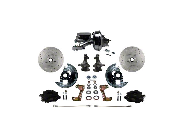 LEED Brakes Power Front Disc Brake Conversion Kit with 9-Inch Chrome Brake Booster, Side Mount Valve, 2-Inch Drop Spindles and MaxGrip XDS Rotors; Black Calipers (67-69 Camaro w/ 4-Wheel Disc Brakes)