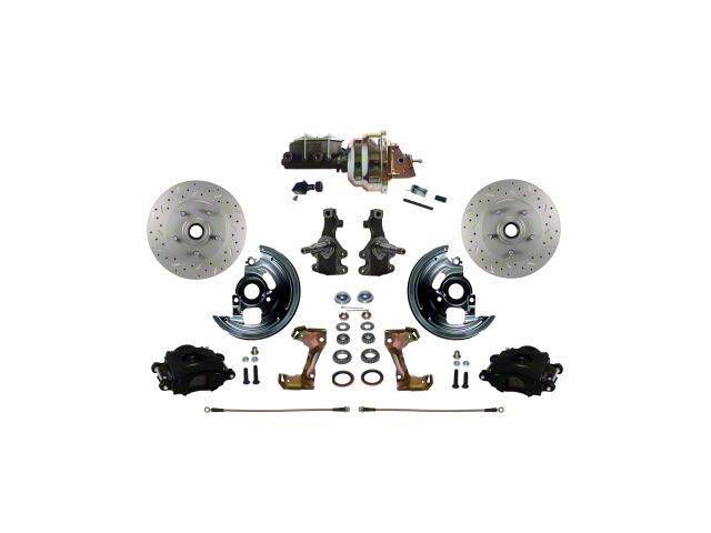 LEED Brakes Power Front Disc Brake Conversion Kit with 8-Inch Brake Booster, Adjustable Valve, 2-Inch Drop Spindles and MaxGrip XDS Rotors; Black Calipers (67-69 Camaro)
