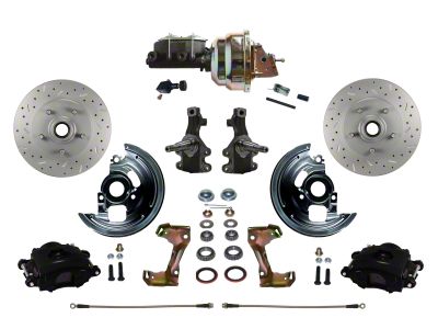 LEED Brakes Power Front Disc Brake Conversion Kit with 8-Inch Brake Booster, Adjustable Valve, 2-Inch Drop Spindles and MaxGrip XDS Rotors; Black Calipers (67-69 Camaro)