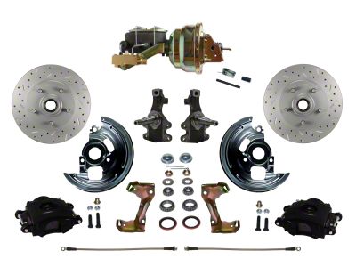 LEED Brakes Power Front Disc Brake Conversion Kit with 8-Inch Brake Booster, Side Mount Valve, 2-Inch Drop Spindles and MaxGrip XDS Rotors; Black Calipers (67-69 Camaro w/ 4-Wheel Disc Brakes)