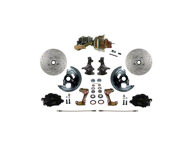 LEED Brakes Power Front Disc Brake Conversion Kit with 8-Inch Brake Booster, Side Mount Valve, 2-Inch Drop Spindles and MaxGrip XDS Rotors; Black Calipers (67-69 Camaro w/ 4-Wheel Disc Brakes)