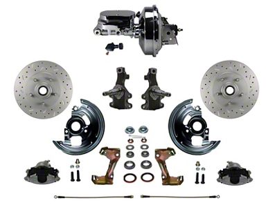 LEED Brakes Power Front Disc Brake Conversion Kit with 9-Inch Chrome Brake Booster, Flat Top Chrome Master Cylinder, Adjustable Valve, 2-Inch Drop Spindles and MaxGrip XDS Rotors; Zinc Plated Calipers (67-69 Camaro)