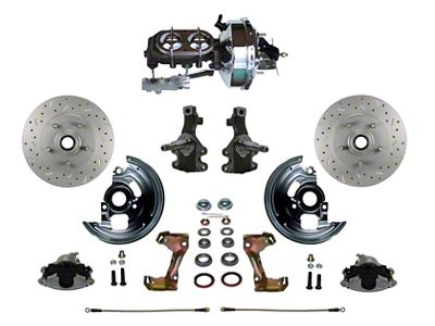 LEED Brakes Power Front Disc Brake Conversion Kit with 9-Inch Chrome Brake Booster, Chrome Top Master Cylinder, Side Mount Valve, 2-Inch Drop Spindles and MaxGrip XDS Rotors; Zinc Plated Calipers (67-69 Camaro w/ Front Disc & Rear Drum Brakes)