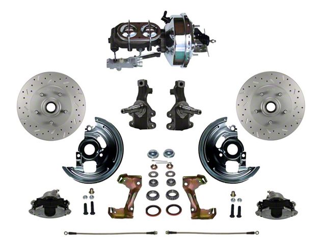 LEED Brakes Power Front Disc Brake Conversion Kit with 9-Inch Chrome Brake Booster, Chrome Top Master Cylinder, Side Mount Valve, 2-Inch Drop Spindles and MaxGrip XDS Rotors; Zinc Plated Calipers (67-69 Camaro w/ Front Disc & Rear Drum Brakes)