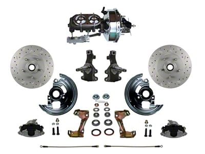 LEED Brakes Power Front Disc Brake Conversion Kit with 9-Inch Chrome Brake Booster, Chrome Top Master Cylinder, Side Mount Valve, 2-Inch Drop Spindles and MaxGrip XDS Rotors; Zinc Plated Calipers (67-69 Camaro w/ 4-Wheel Disc Brakes)