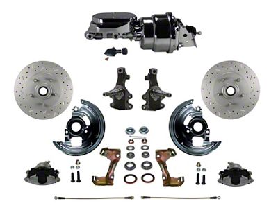 LEED Brakes Power Front Disc Brake Conversion Kit with 7-Inch Chrome Brake Booster, Flat Top Chrome Master Cylinder, Adjustable Valve, 2-Inch Drop Spindles and MaxGrip XDS Rotors; Zinc Plated Calipers (67-69 Camaro)