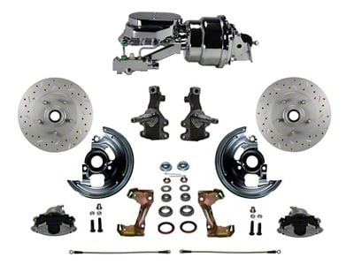 LEED Brakes Power Front Disc Brake Conversion Kit with 7-Inch Chrome Brake Booster, Flat Top Chrome Master Cylinder, Side Mount Valve, 2-Inch Drop Spindles and MaxGrip XDS Rotors; Zinc Plated Calipers (67-69 Camaro w/ Front Disc & Rear Drum Brakes)