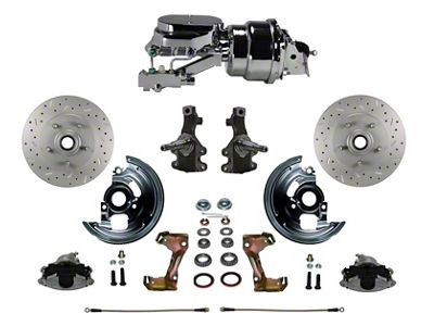 LEED Brakes Power Front Disc Brake Conversion Kit with 7-Inch Chrome Brake Booster, Flat Top Chrome Master Cylinder, Side Mount Valve, 2-Inch Drop Spindles and MaxGrip XDS Rotors; Zinc Plated Calipers (67-69 Camaro w/ 4-Wheel Disc Brakes)