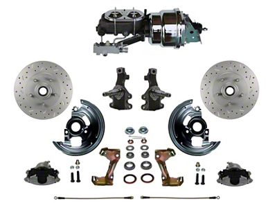 LEED Brakes Power Front Disc Brake Conversion Kit with 7-Inch Chrome Brake Booster, Chrome Top Master Cylinder, Side Mount Valve, 2-Inch Drop Spindles and MaxGrip XDS Rotors; Zinc Plated Calipers (67-69 Camaro w/ 4-Wheel Disc Brakes)