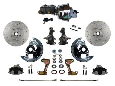 LEED Brakes Power Front Disc Brake Conversion Kit with 8-Inch Chrome Brake Booster, Chrome Top Master Cylinder, Adjustable Valve, 2-Inch Drop Spindles and MaxGrip XDS Rotors; Zinc Plated Calipers (67-69 Camaro)
