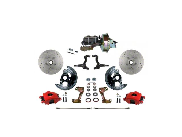 LEED Brakes Power Front Disc Brake Conversion Kit with 9-Inch Brake Booster and MaxGrip XDS Rotors; Red Calipers (67-69 Camaro w/ Front Disc & Rear Drum Brakes)