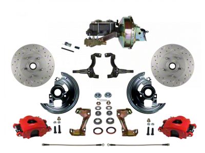 LEED Brakes Power Front Disc Brake Conversion Kit with 9-Inch Brake Booster and MaxGrip XDS Rotors; Red Calipers (67-69 Camaro w/ 4-Wheel Disc Brakes)
