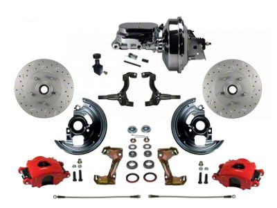 LEED Brakes Power Front Disc Brake Conversion Kit with Chrome Brake Booster, Chrome Master Cylinder, Adjustable Valve and MaxGrip XDS Rotors; REd Calipers (67-69 Camaro)