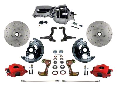LEED Brakes Power Front Disc Brake Conversion Kit with 8-Inch Brake Booster, Adjustable Valve and MaxGrip XDS Rotors; Red Calipers (67-69 Camaro)
