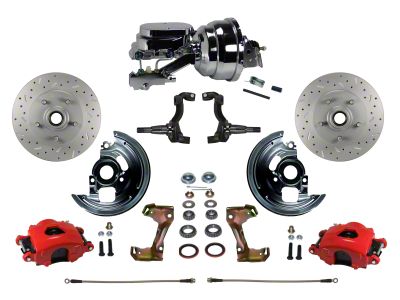 LEED Brakes Power Front Disc Brake Conversion Kit with 8-Inch Chrome Brake Booster, Side Mount Valve and MaxGrip XDS Rotors; Red Calipers (67-69 Camaro w/ Front Disc & Rear Drum Brakes)