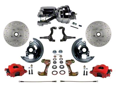 LEED Brakes Power Front Disc Brake Conversion Kit with 8-Inch Chrome Brake Booster, Side Mount Valve and MaxGrip XDS Rotors; Red Calipers (67-69 Camaro w/ 4-Wheel Disc Brakes)