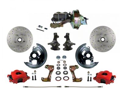 LEED Brakes Power Front Disc Brake Conversion Kit with 9-Inch Brake Booster, Side Mount Valve, 2-Inch Drop Spindles and MaxGrip XDS Rotors; Red Calipers (67-69 Camaro w/ Front Disc & Rear Drum Brakes)