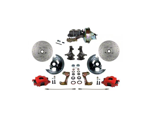 LEED Brakes Power Front Disc Brake Conversion Kit with 9-Inch Brake Booster, Side Mount Valve, 2-Inch Drop Spindles and MaxGrip XDS Rotors; Red Calipers (67-69 Camaro w/ Front Disc & Rear Drum Brakes)